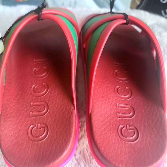 GUCCI Rubber Web Womens Criss Cross Slide Sandals  Coral New Shamarock - Picture 11 of 13